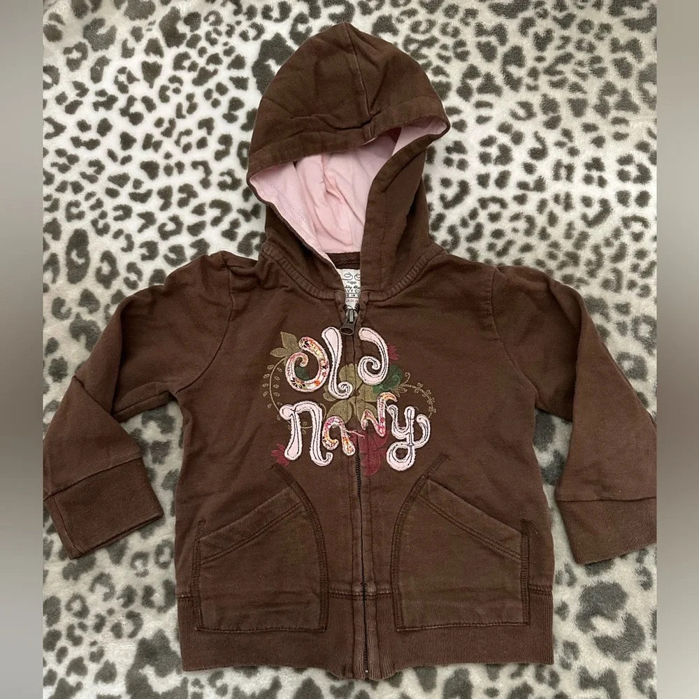 2007 Old Navy Girls Full Zip Hoodie in Brown Graphic Logo Size 18-24 months
